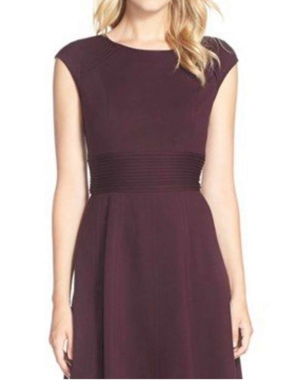 Eliza J Plum Cap-Sleeve Pleated-Waist A-Line Fit and Flare Dress